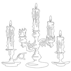 A set of candlesticks with candles. The outline of antique hand holders with candles. Candles for divination on holders. Coloring book. Silhouettes of candlesticks for coloring