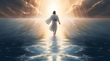 Walk on Water, Jesus Christ walking on the sea of Galilee with beams of light,