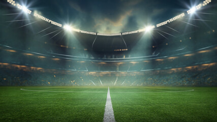 textured soccer game field with neon fog - center, midfield - obrazy, fototapety, plakaty
