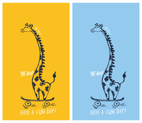 Giraffe on skateboard funny cool summer t-shirt print design. Skater in skatepark. Slogan.