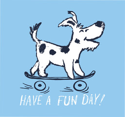Dog on skateboard funny cool summer t-shirt print design. Poppy skater in skatepark