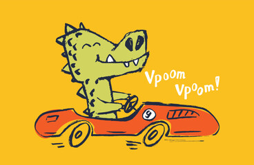 Crocodile racing car funny cool summer t-shirt print design. Race speed sports cabriolet auto. Slogan. Drive safari