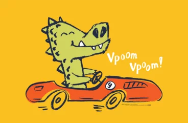 Fotobehang Crocodile racing car funny cool summer t-shirt print design. Race speed sports cabriolet auto. Slogan. Drive safari © Vasileva