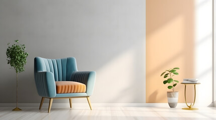 Wall mock up in warm tones with blue armchair on white wall background.