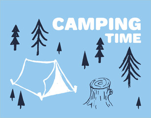 Camping funny cool summer t-shirt print design. Camp vacation illustration. Forest travel