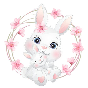 Cute rabbit and baby rabbit with floral wreath watercolor illustration