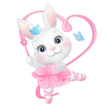 Cute rabbit ballerina with ribbon dance watercolor illustration