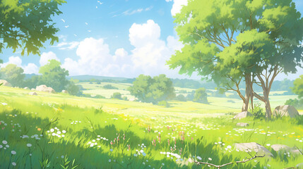 Fototapeta premium landscape countryside cartoon scene background. green meadow with tree on sunny day. generative AI