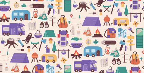 Seamless pattern with things for traveling to the mountains. Fishing and summer camping. Hike with backpacks, rest in the forest. print object stuff design wallpaper. background vector illustration.