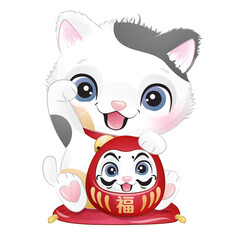 Cute lucky cat Japanese style watercolor illustration