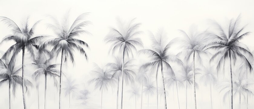 Black palm trees in a line on white background. Painted effect.