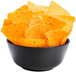 Nachos in black bowl isolated on white background, Corn chips on white With png file.