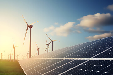 Solar panels and wind turbines showing the change to green energy
