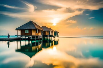 Water bungalow. Sunset on the islands of the Maldives. A place for dreams.

