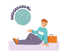 Male sitting on floor near suitcase, ready for travel abroad, around world. Cartoon character planning to visit sightseeing during holidays. Vector flat illustration in orange and blue colors