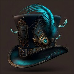 a beautiful steampunk black top hat smooth metal teal flat and clear background 