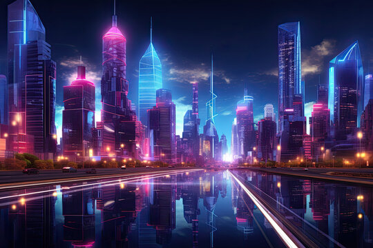 Futuristic cityscape at night, with dazzling skyscrapers adorned with neon lights, showcasing the technological advancements and urban sophistication of a metropolis