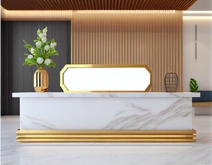 Empty white marble company name plate in elegant and luxury interior ready for mockup.  Generative AI.