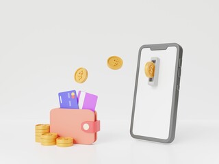mobile banking concept.3D money transfer with wallet smartphone screen on white background.Money and financial concepts.Cash back and digital banking concept.Mobile payment.mobile application.