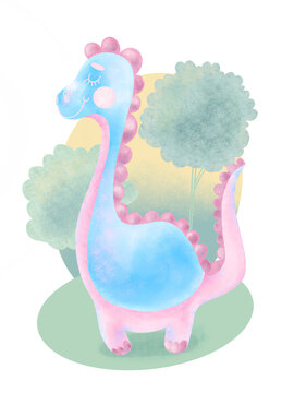 color illustration children's watercolor cartoon style cute animal dinosaur in the forest pastel shades design element cover print sticker