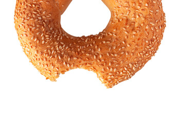 Bread mockup. Fresh round wheat bagel with sesame seeds isolated on white background. With clipping path. Cut out Crispy bread, healthy organic food, bakery product, element for advertising 