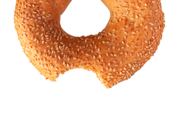Bread mockup. Fresh round wheat bagel with sesame seeds isolated on white background. With clipping path. Cut out Crispy bread, healthy organic food, bakery product, element for advertising 
