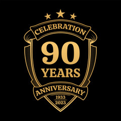 90 years anniversary icon or logo. 90th yubilee celebration, business company birthday badge or label. Vintage banner with shield and ribbon. Wedding, invitation design element. Vector illustration.
