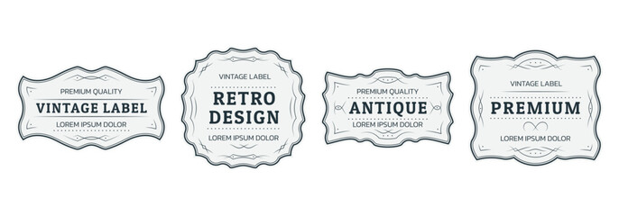 Vintage label, retro tag frame set. Antique, Victorian, royal design template. Old card, sticker, classic badge or sign collection with decorative ornament. Vector illustration.
