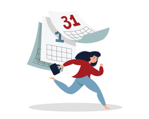 Time management concept. Woman organizes work schedule. Character create to do list. Girl run against background of tear off calendar. Flat vector illustration in blue and red colors