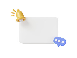 Bell notification messages and Empty Reminder popup icon on purple background.3D social media communication concept.Bell alarm with Speech bubble in chat box.New alert minimal concept.3D render