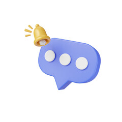 Bell notification and messages icon on purple background.3D social media communication concept.Bell alarm with Speech bubble in chat box.New alert minimal concept.3D render,Illustration.