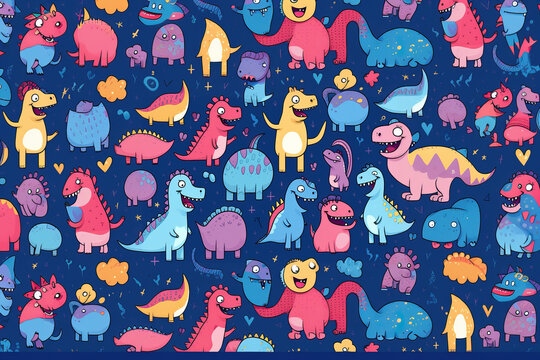Motif sans couture avec des dinosaures sur fond color&eacute;. Illustration vectorielle pour impression sur tissu, carte postale, papier d'emballage, produits cadeaux, papier peint, v&ecirc;tements. Fond de b&eacute;b&eacute; m