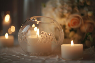 Wedding decoration with candles and flowers. 