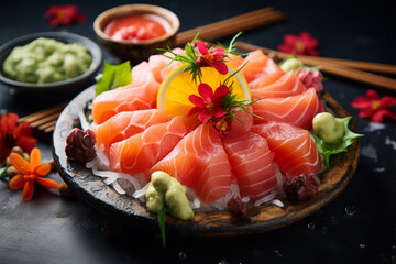 photo raw and fresh mixed sashimi with salmon , tuna , hamaji and other,natural background