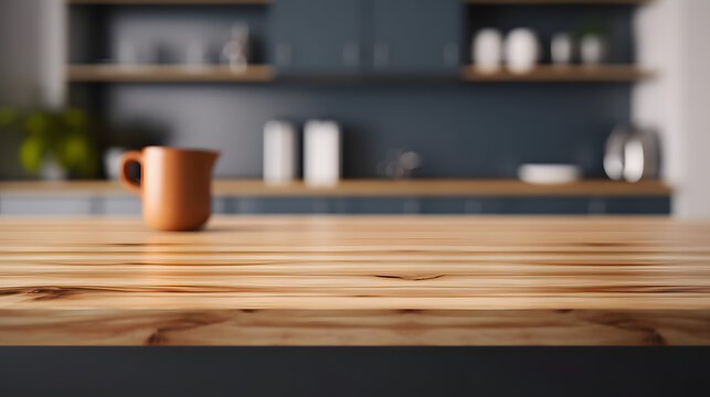 Wooden table top on blur kitchen room background, Modern kitchen room interior.