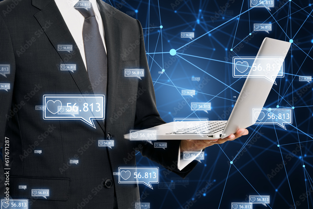 Poster concept of network and internet communication. close up of businessman hands holding laptop with cre