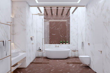 Naklejka na ściany i meble Modern marble glass bathroom interior. Hotel, luxury design concept. 3D Rendering.