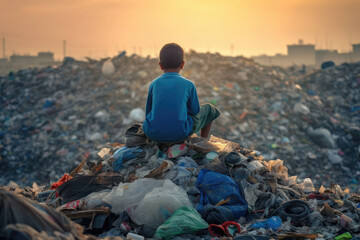 photorealism of Back of sad child boy sit looking at a lot of plastic wastesroom,ai generative.