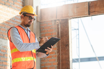 inspector checking structure of new property and taking note in the clipboard for review and fix...