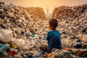 photorealism of Back of sad child boy sit looking at a lot of plastic wastesroom,ai generative.