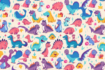 Motif sans couture avec dinosaure sur fond coloré. Illustration vectorielle pour impression sur tissu, carte postale, papier d'emballage, produits cadeaux, papier peint, vêtements. Fond de bébé mignon