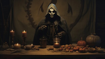 man wearing skull mask casting demonic spell, generative Ai