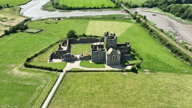 Drone circling establishing shot of the historic Dunbrody Abbey salt mills Wexford Ireland one of the many historic sites in this corner of Wexford