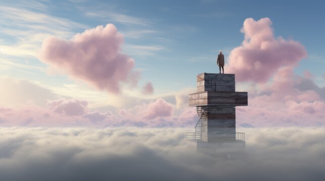 A 3D composition depicting an older person standing atop a tall structure, symbolizing the broadened horizons, aspirations, and elevated outlook on life in modern aging. | generative ai