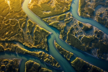 The river delta as seen from an aerial shot. The bends and curves created with generative AI technology - obrazy, fototapety, plakaty