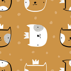 Vector hand-drawn seamless repeating childish simple pattern with cute cats in Scandinavian style on a beige background. Children's texture with kittens, kitty print. Pets. Funny animals sketch.
