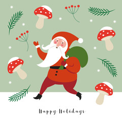Cute Chrismas Gnome and amanita mushrooms. Happy Holidays. Greeting card, Christmas card