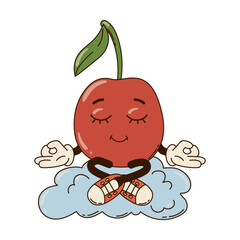 Isolated groovy character cherry in gloves meditating on the cloud in flat retro classic cartoon style on white background. Illustration for your design, print, card, poster, stickers