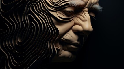  A minimalist 3D composition capturing the intricate lines and contours of an older person's face, representing the depth and richness of life experiences. | generative ai