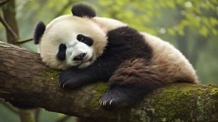 Fototapeta na wymiar Lazy Panda Bear Sleeping on a Tree Branch